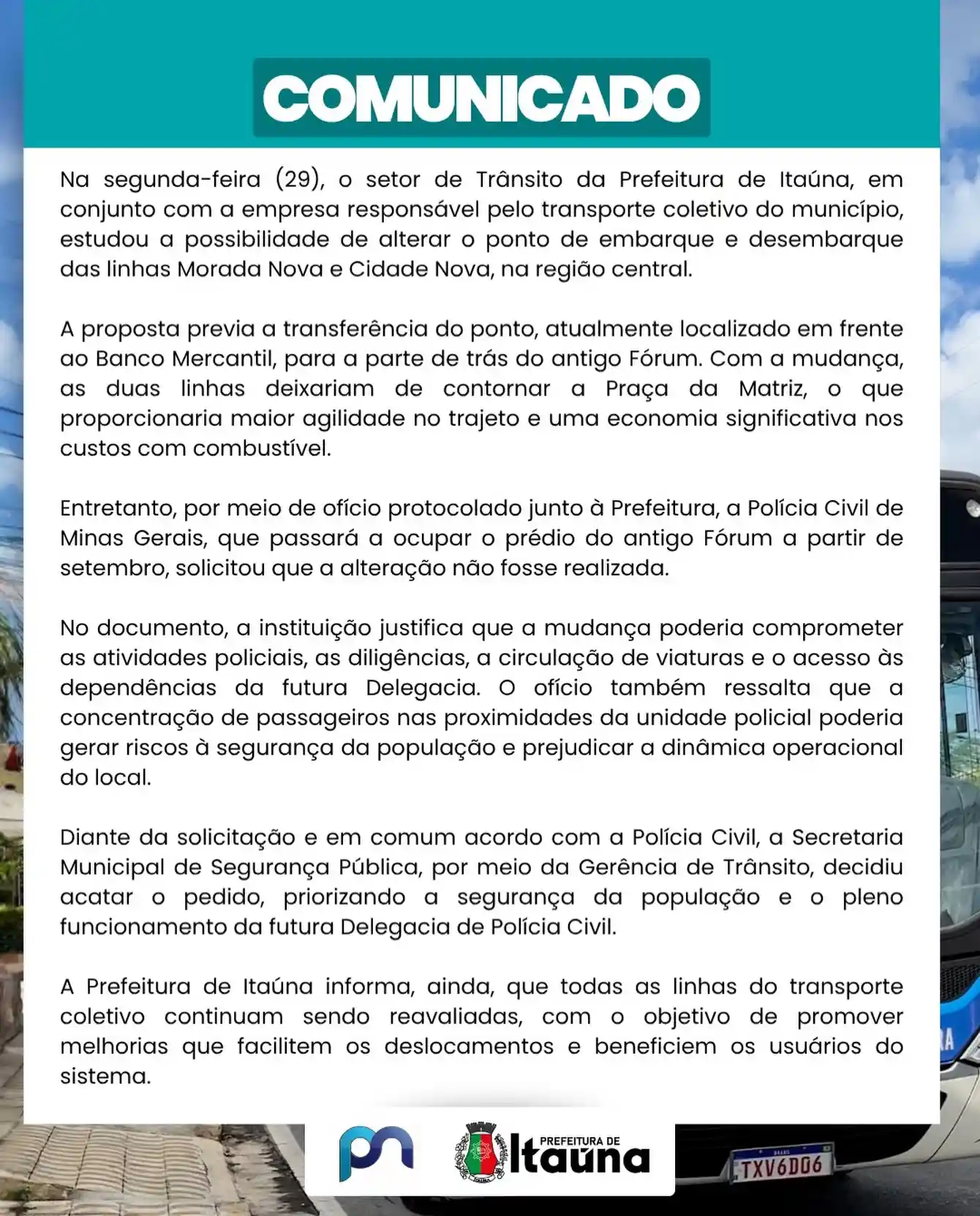 Comunicado sobre alteração de ponto de ônibus em Itaúna