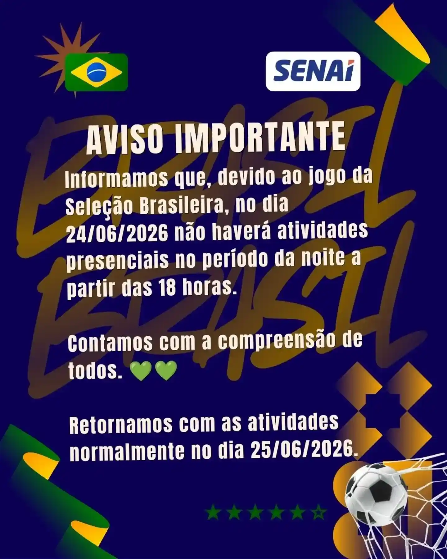 Senai Itaúna: Atividades noturnas suspensas em 24/06