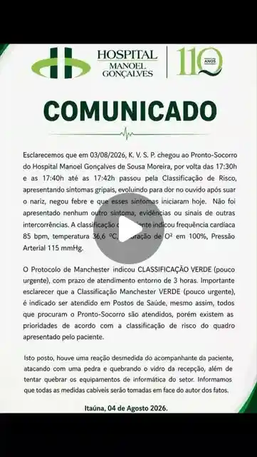 Nota oficial sobre vandalismo no Pronto-Socorro do Hospital Manoel Gonçalves
