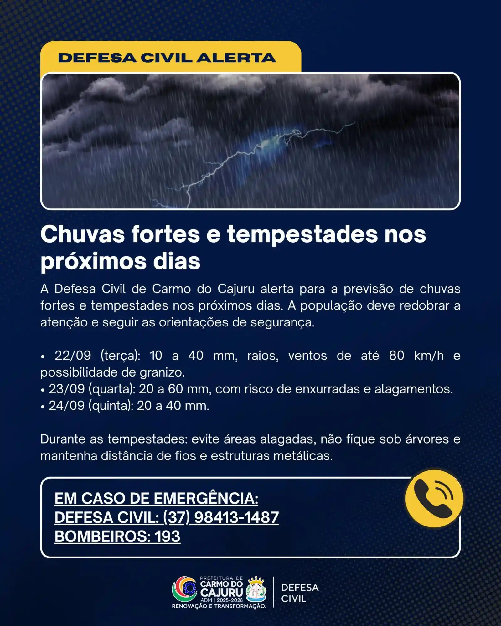 Defesa Civil alerta chuvas fortes em Carmo do Cajuru