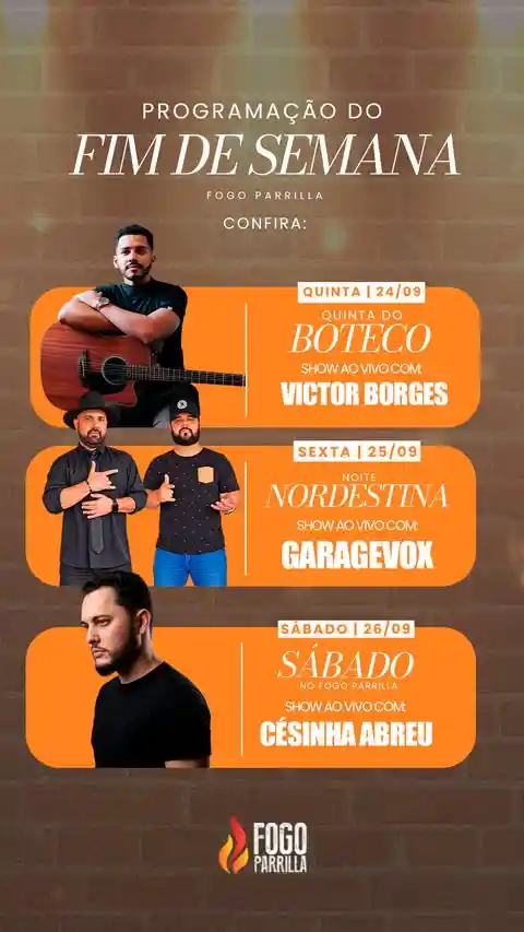 Shows ao vivo no Fogo Parrilla nesta sexta e sábado