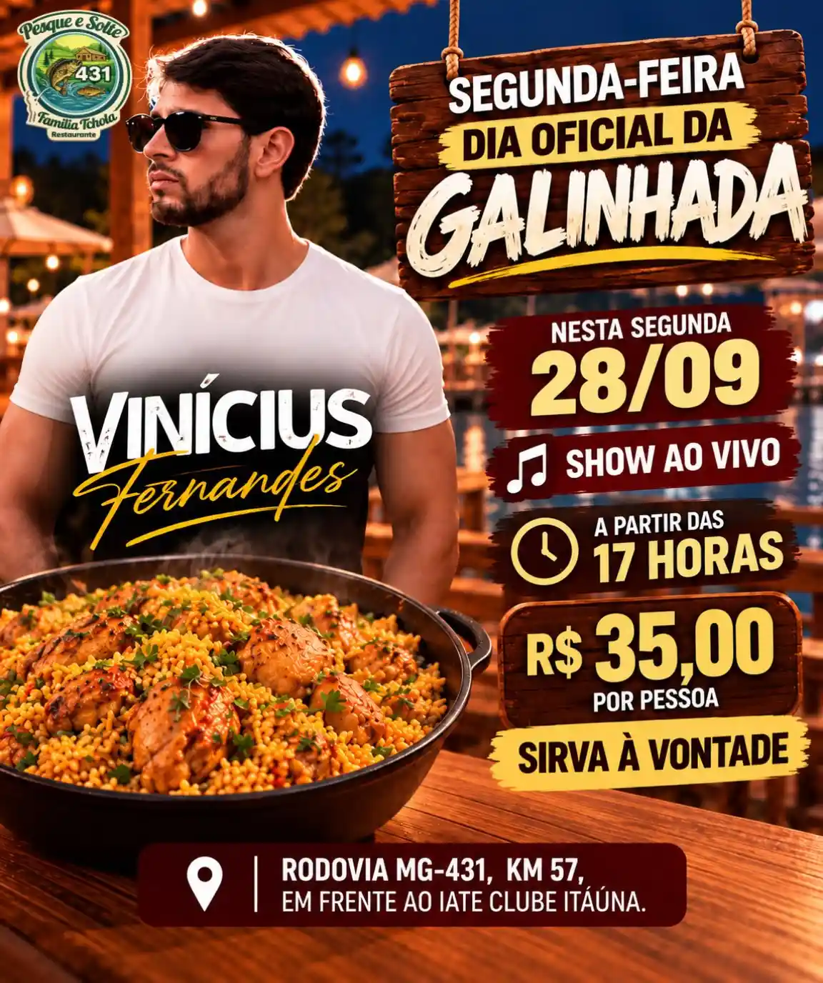 Galinhada à vontade e show com Vinícius Fernandes