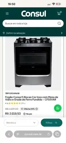 Fogão Consul 5 Bocas Cor Inox com Mesa de Vidro e Grade de Ferro Fundido - CFS5VAR