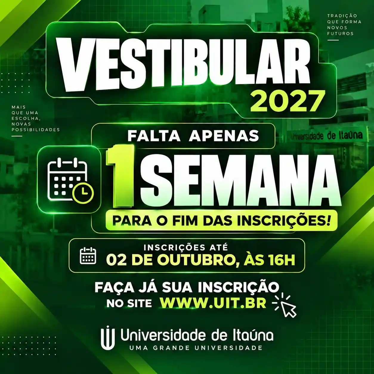 Vestibular 2027 da UIT: inscrições até 02/10 às 16h