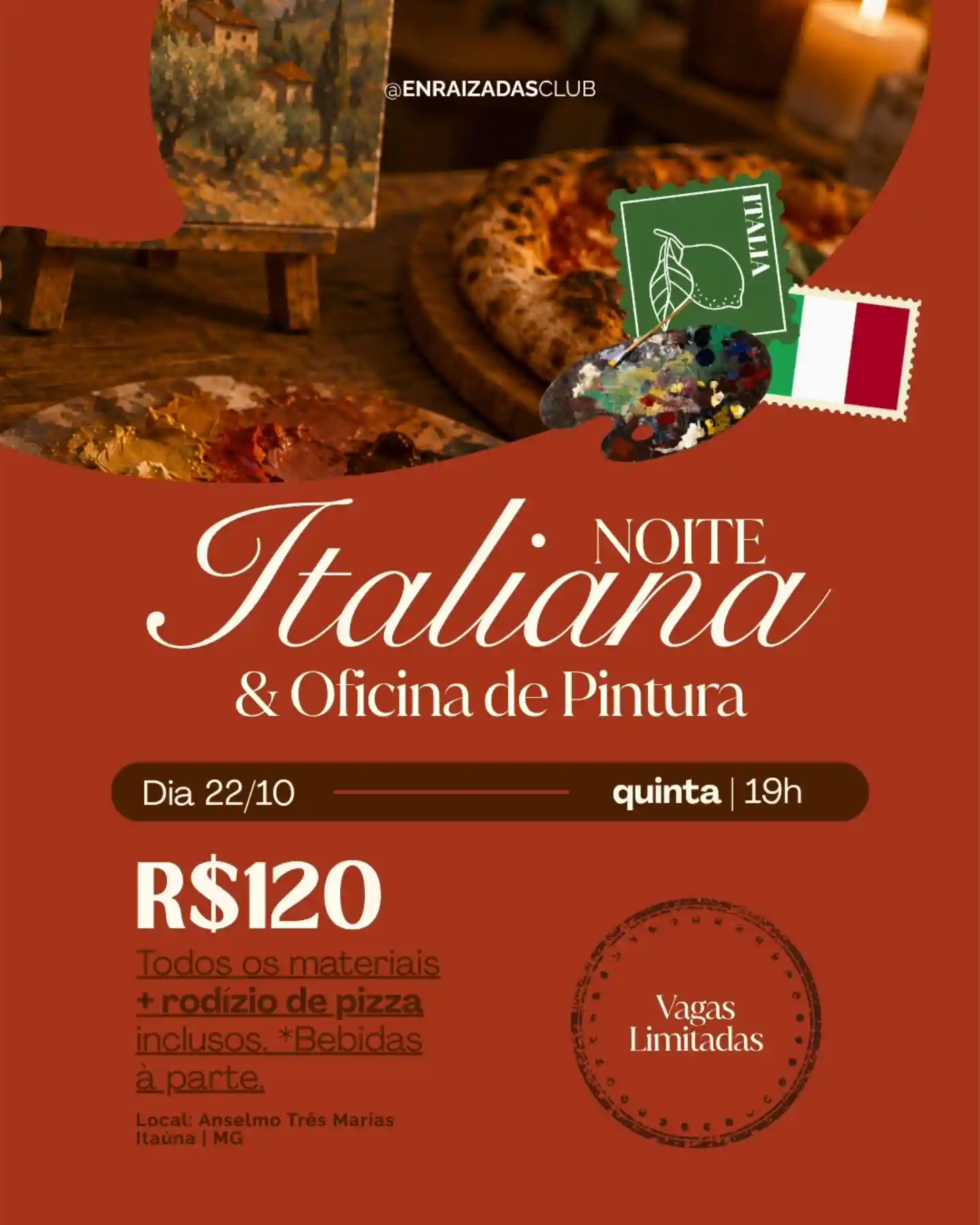 Noite Italiana e Oficina de Pintura na Anselmo Pizzaria