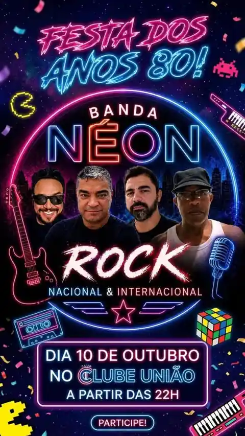 Festa dos Anos 80 com Banda Neon no Clube União