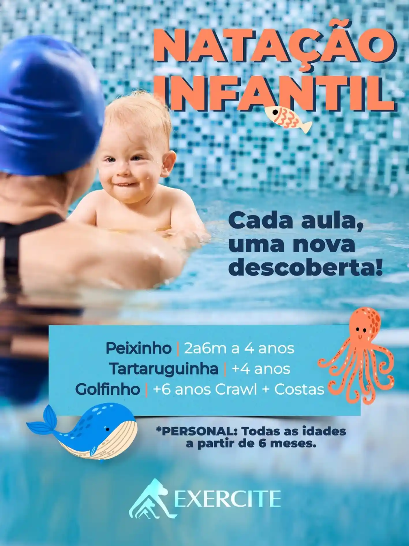 Níveis da Natação Exercite: Peixinho, Tartaruguinha e Golfinho