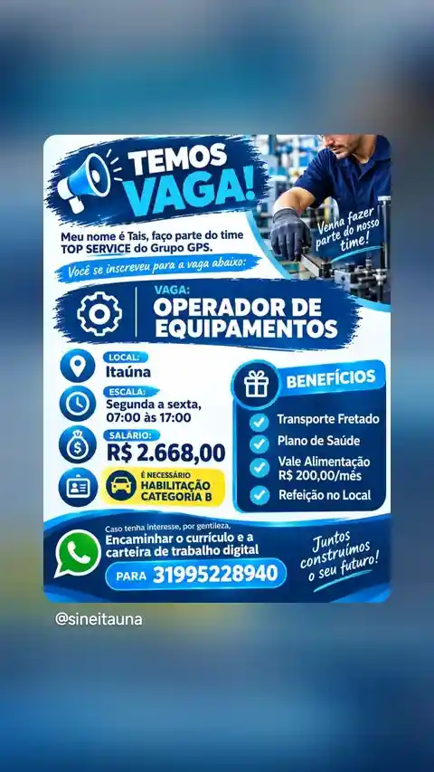 Vaga de Operador de Equipamentos em Itaúna — R$ 2.668