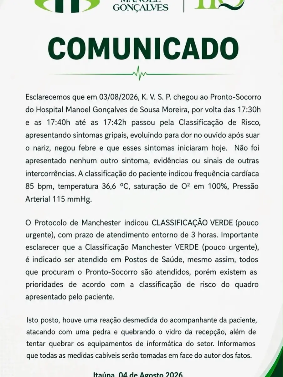 Homem danifica recepção de hospital após atendimento à esposa
