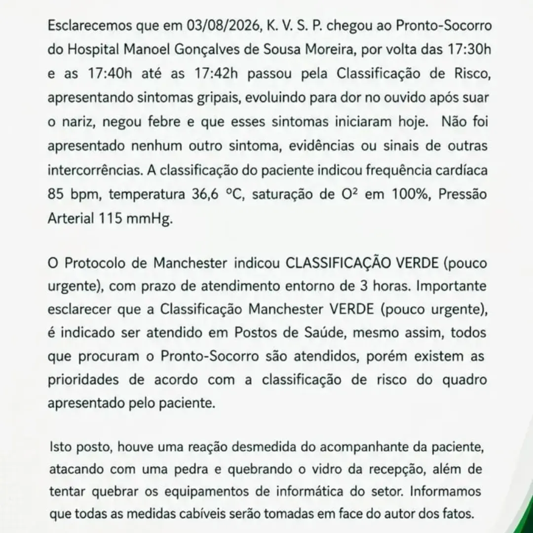 Homem investigado por ataque à recepção do Hospital Manoel Gonçalves