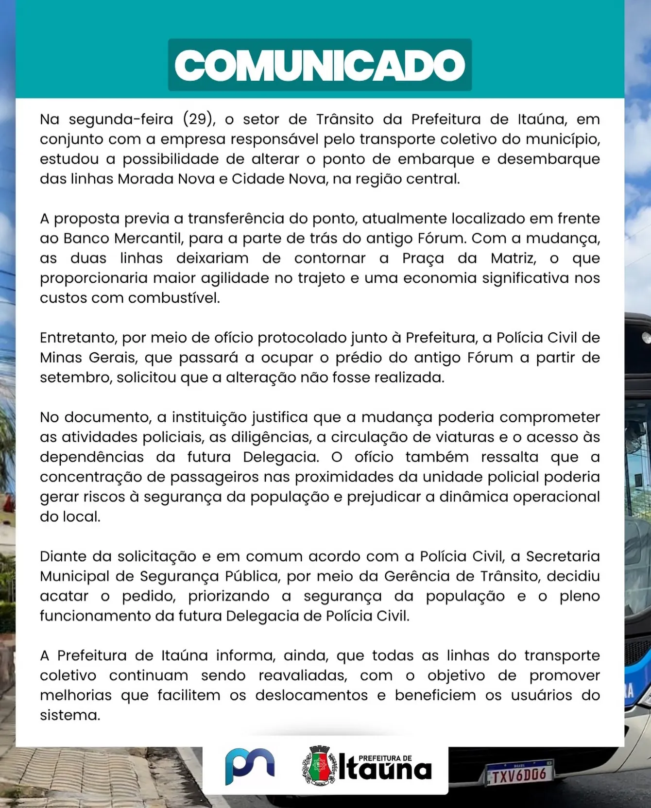 Comunicado sobre alteração de ponto de ônibus em Itaúna