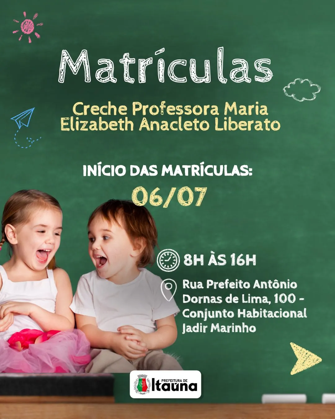 Matrículas abertas para Creche Professora Maria Elizabeth Anacleto Liberato