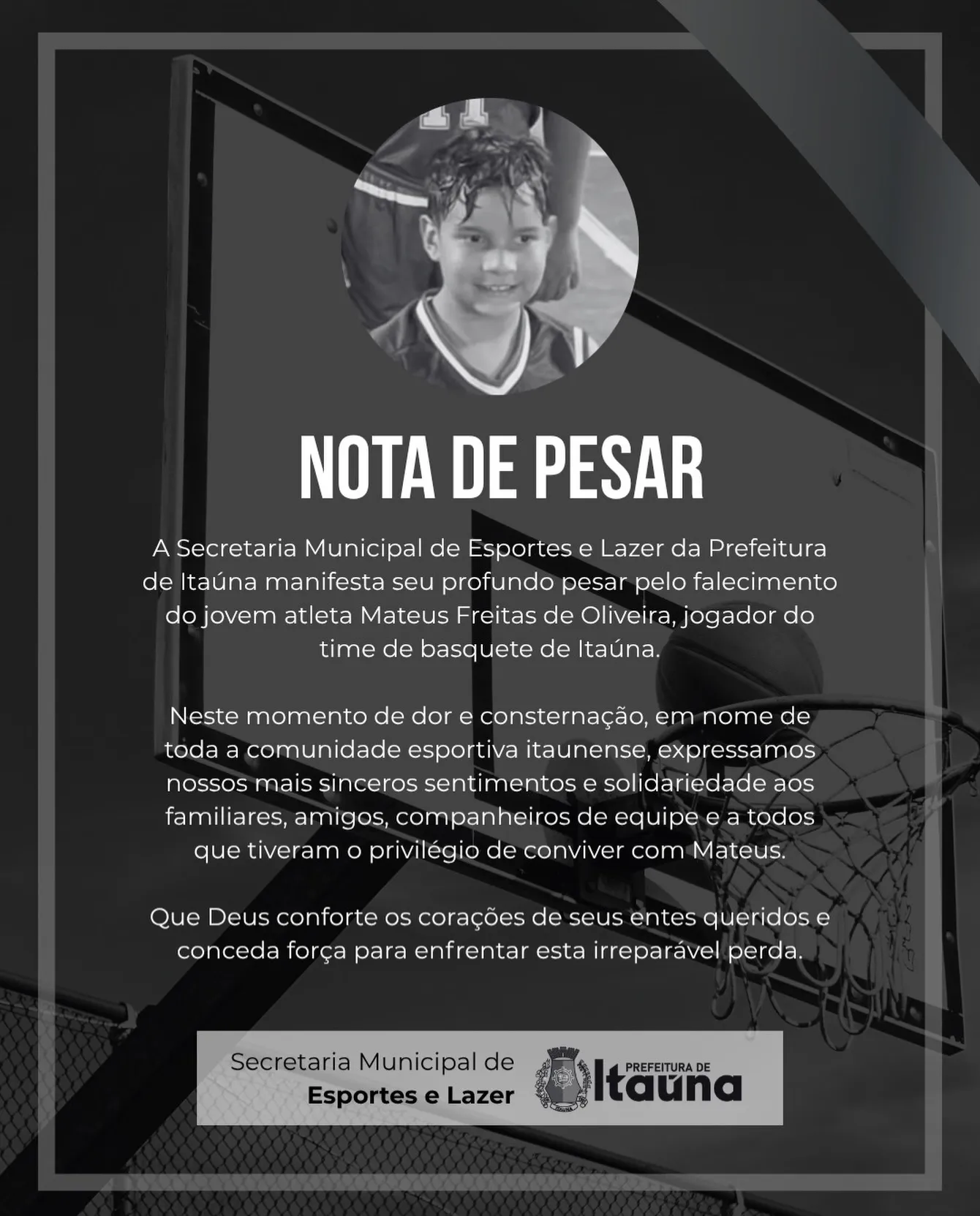 Falecimento do atleta Mateus Freitas de Oliveira