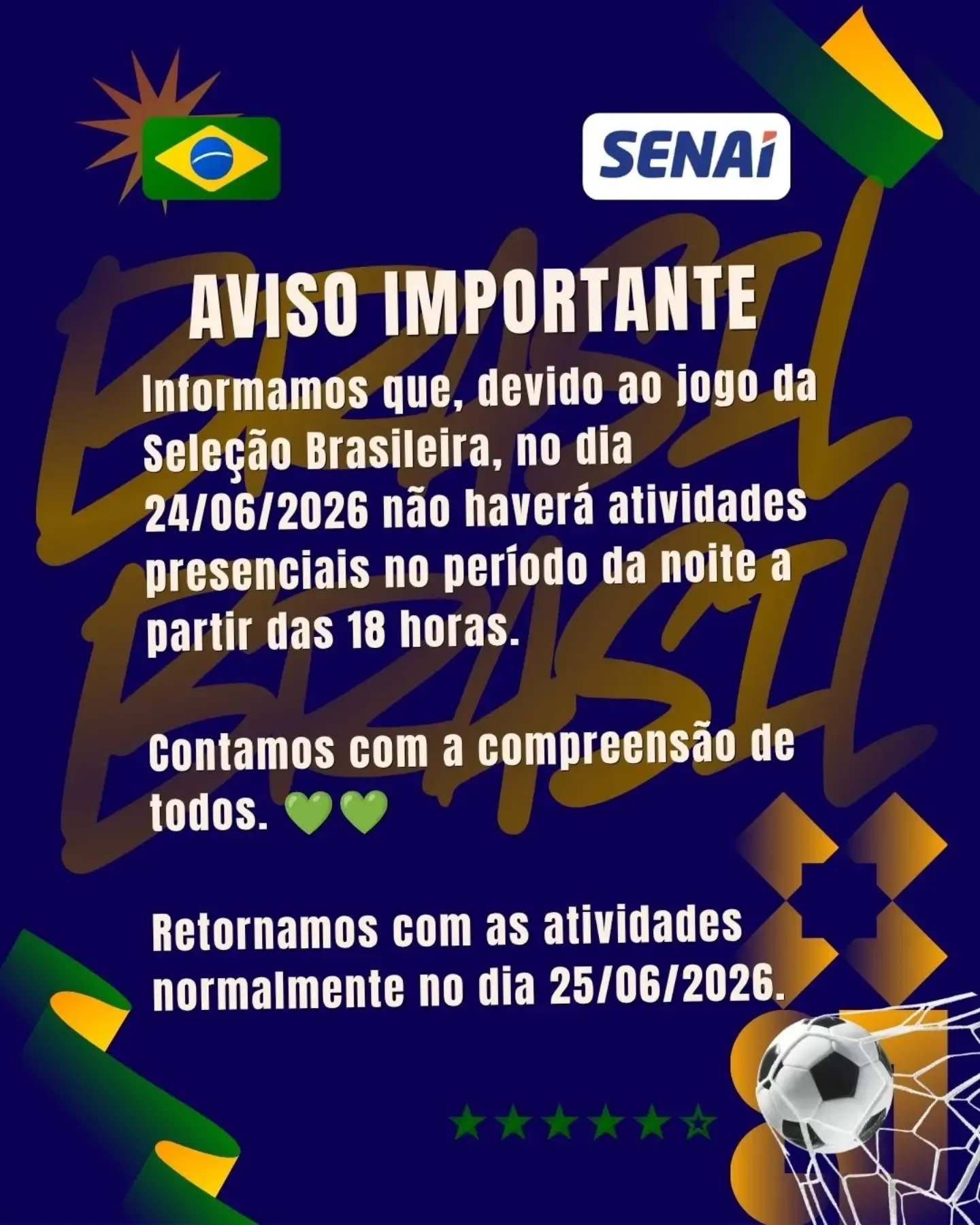 Senai Itaúna: Atividades noturnas suspensas em 24/06