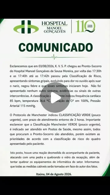 Nota oficial sobre vandalismo no Pronto-Socorro do Hospital Manoel Gonçalves
