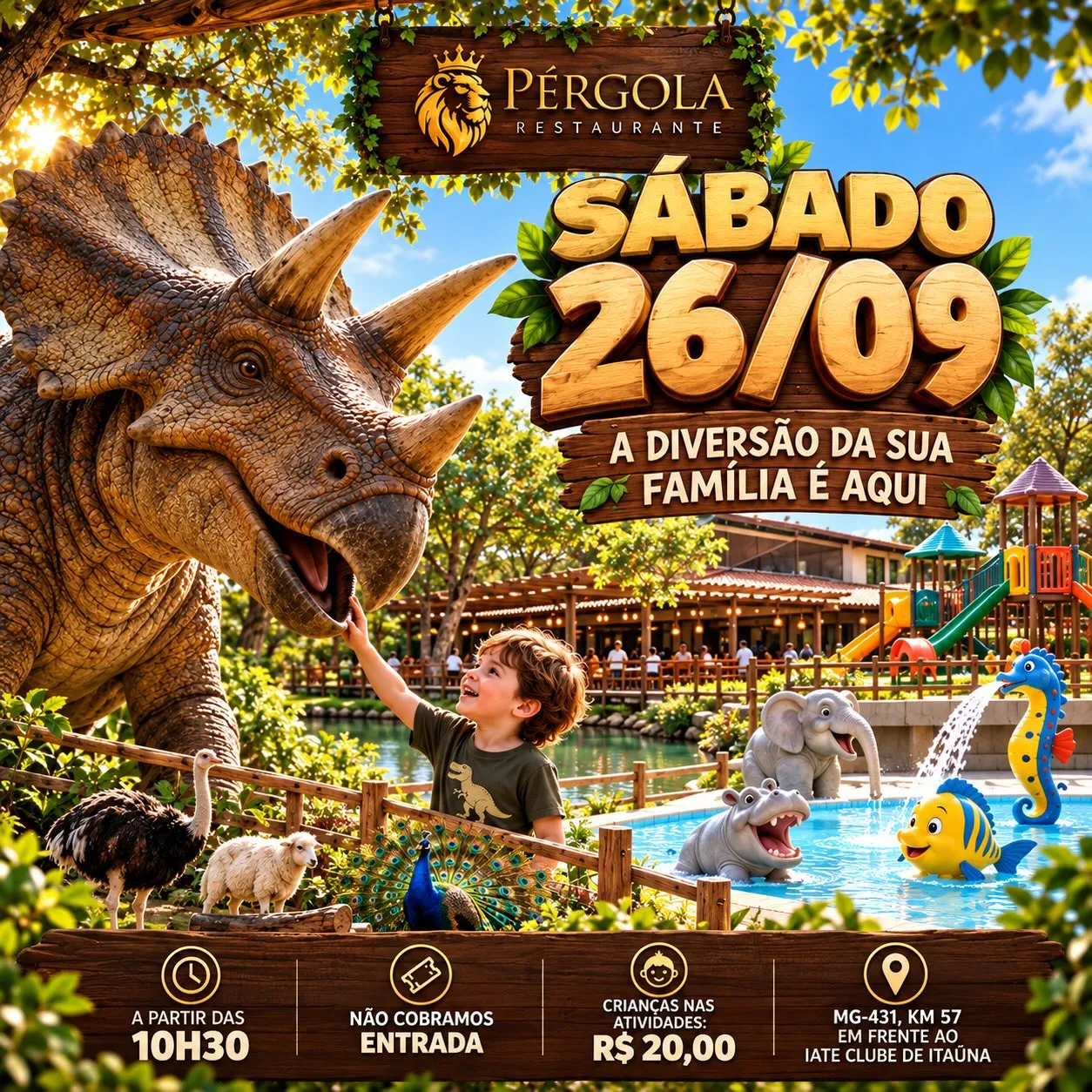 Dinossauros e piscina infantil no Pérgola neste sábado