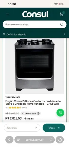 Fogão Consul 5 Bocas Cor Inox com Mesa de Vidro e Grade de Ferro Fundido - CFS5VAR