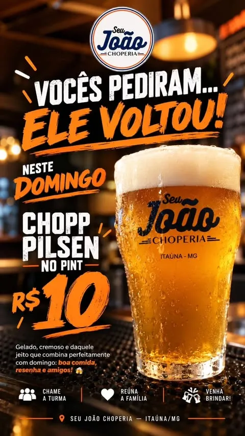 Chopp Pilsen a R$10 no Seu João Choperia neste domingo