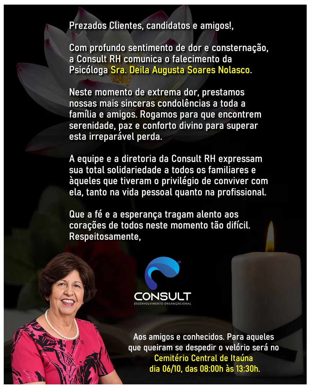 Nota de pesar: falecimento de Deila Augusta Soares Nolasco