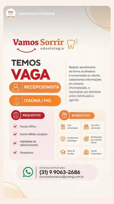 Vaga de Recepcionista em Clínica Odontológica