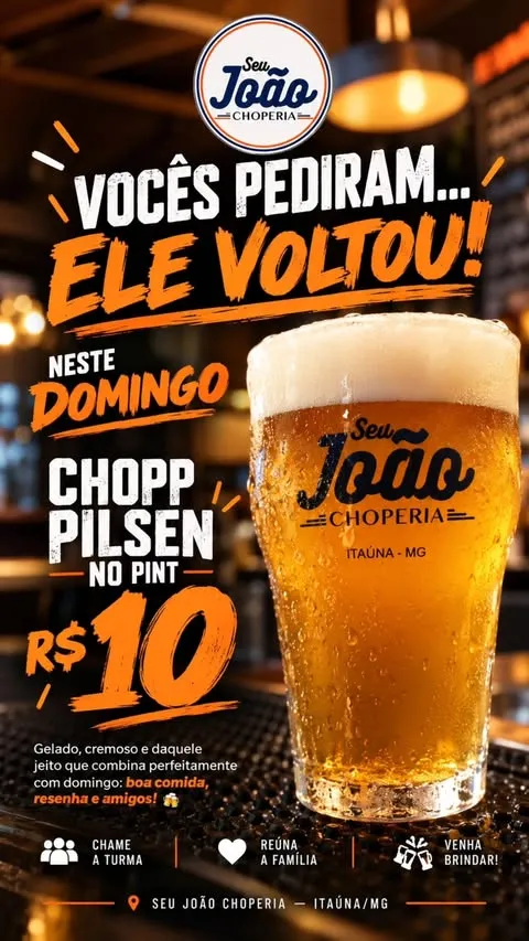 Chopp Pilsen a R$ 10 no Seu João Choperia neste domingo