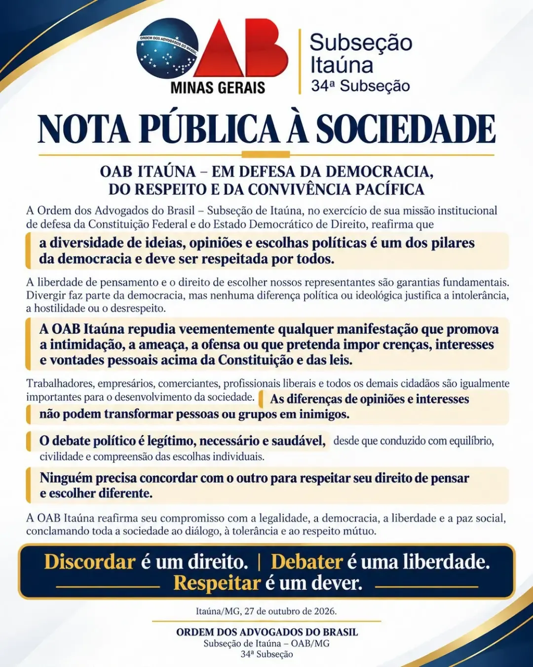 OAB Itaúna repudia listas de boicote por posicionamento político