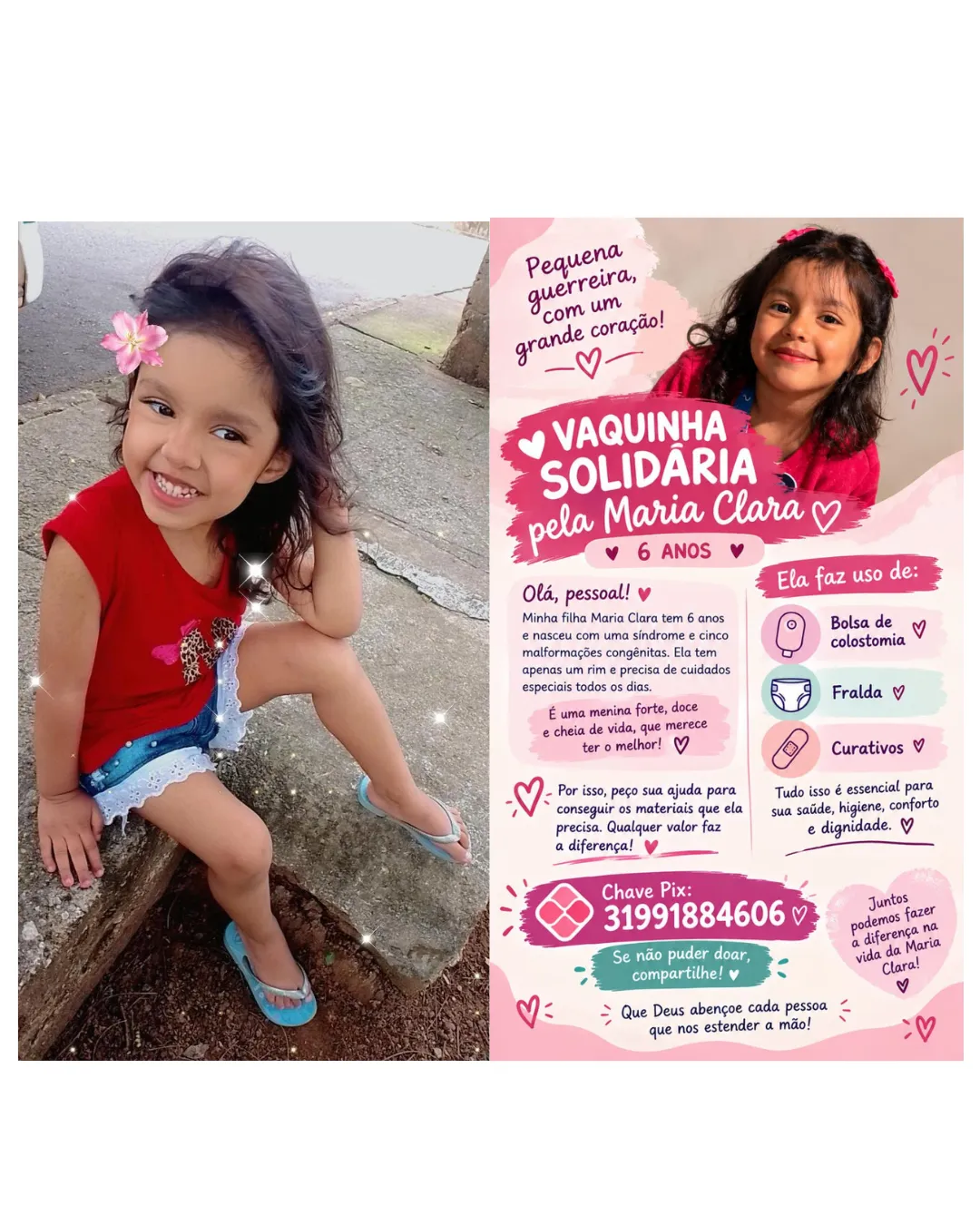 Família pede ajuda para custear materiais utilizados em tratamento por menina de 6 anos