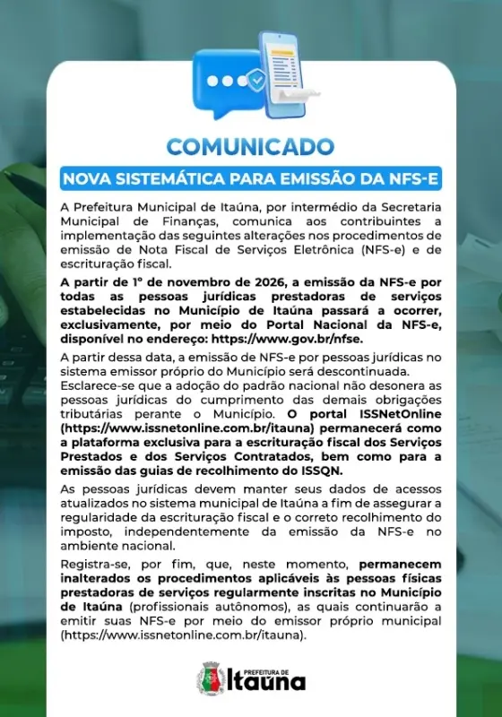 Prefeitura informa nova sistemática para emissão da NFS-e