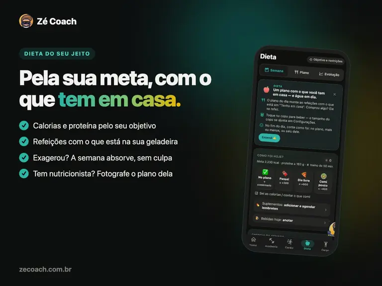 Zé Coach: treinador com IA no celular — treino, cardio e dieta