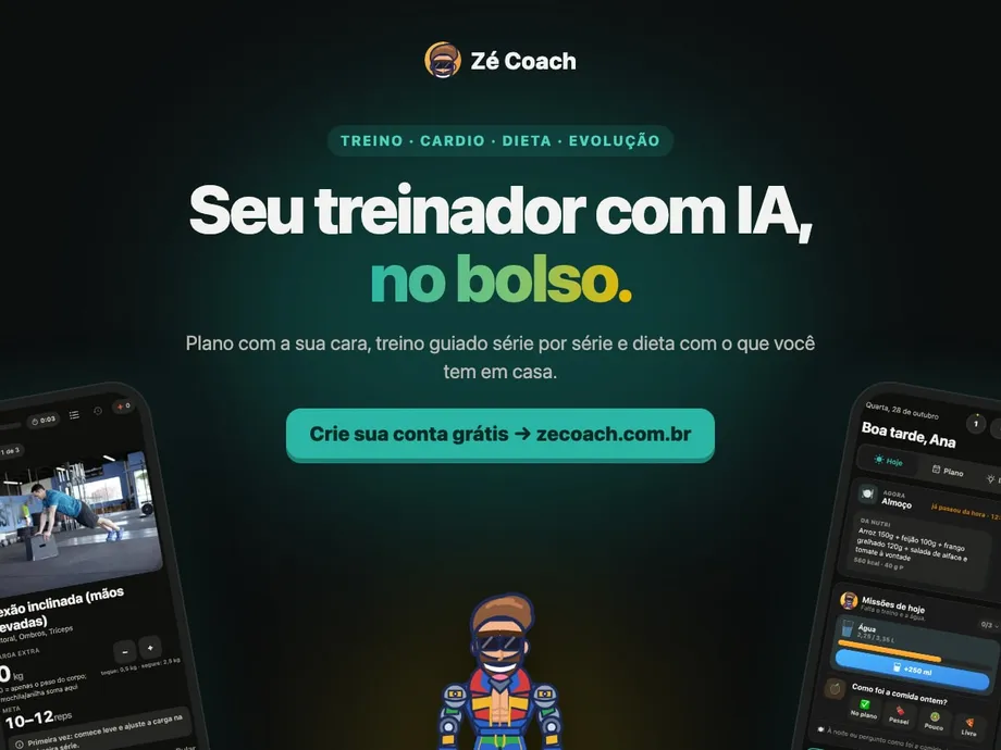 Zé Coach: treinador com IA no celular — treino, cardio e dieta