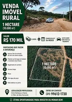Sítio de 1 hectare à venda – água de poço e CEMIG