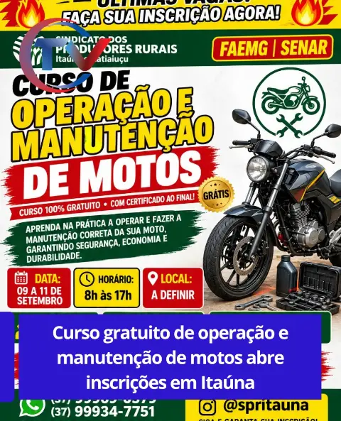 Curso gratuito de Operação e Manutenção de Motos
