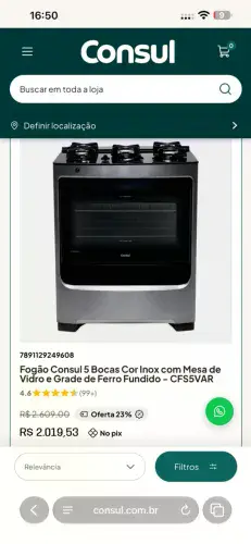 Fogão Consul 5 Bocas Cor Inox com Mesa de Vidro e Grade de Ferro Fundido - CFS5VAR