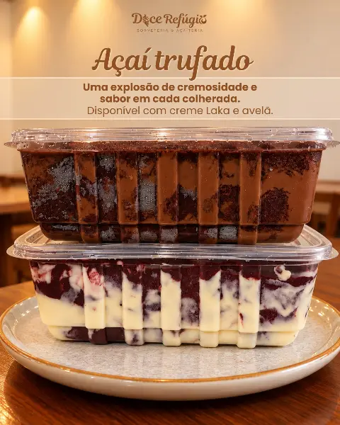 Açaí trufado com chocolate Laka ou avelã no Doce Refúgio
