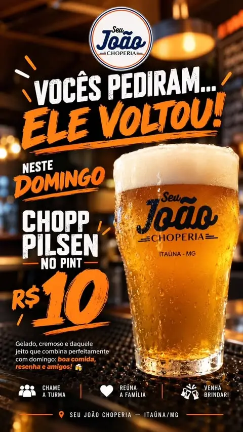 Chopp Pilsen a R$10 no Seu João Choperia neste domingo