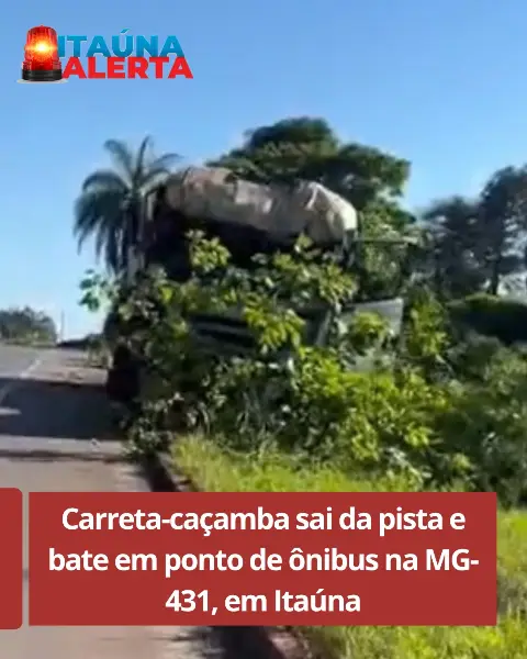 Carreta-caçamba sai da pista e atinge ponto de ônibus na MG-431
