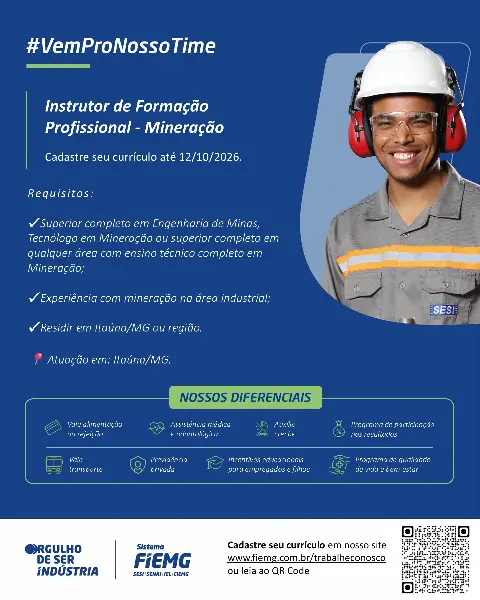 Vaga para Instrutor de Formação Profissional em Mineração