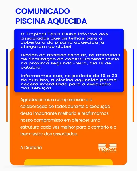 Piscina aquecida do Tropical Tênis Clube: obras retomam dia 19