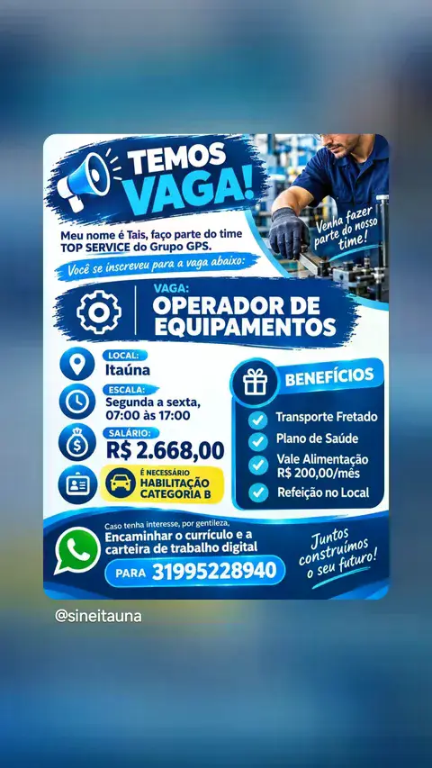 Vaga de Operador de Equipamentos em Itaúna — R$ 2.668
