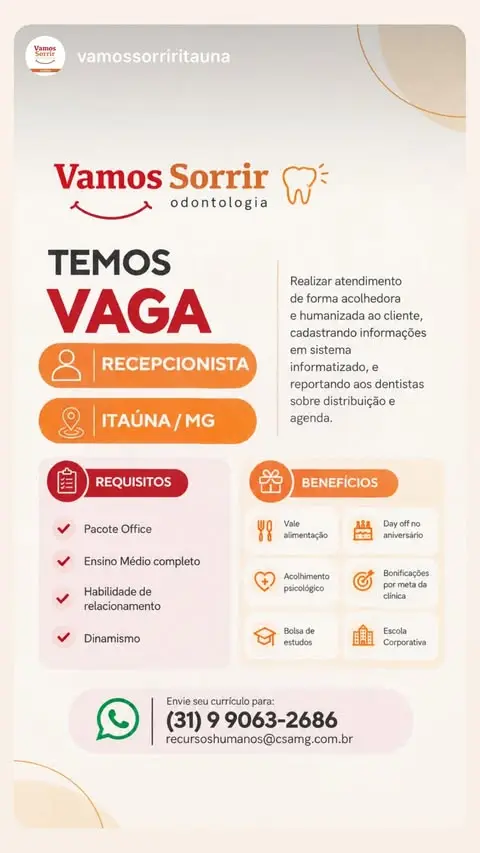Vaga de Recepcionista em Clínica Odontológica