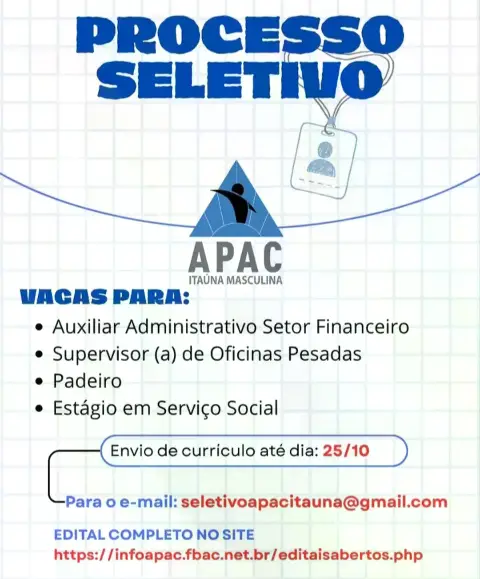 Processo Seletivo APAC de Itaúna - 4 Vagas