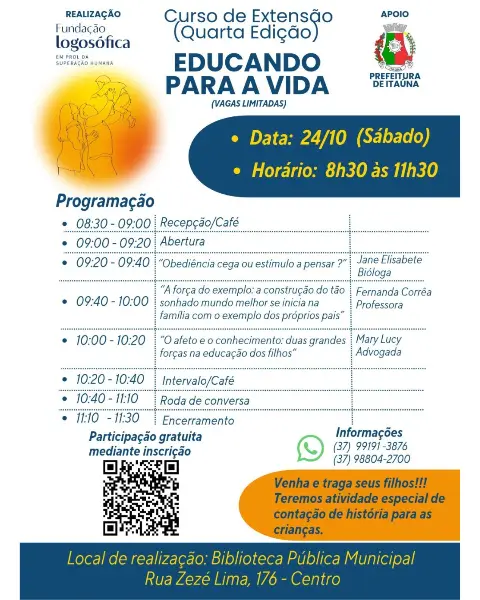 Fundação Logosófica de Itaúna realiza quarta edição do curso “Educando para a Vida” neste sábado
