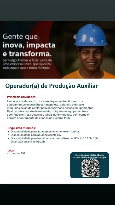 Vaga: Operador(a) de Produção Auxiliar na Belgo Arames