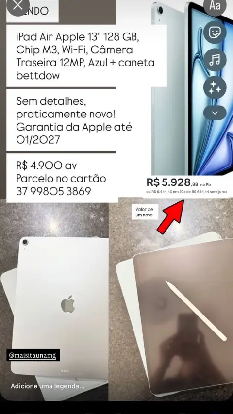 iPad Air 13" M3 128 GB Wi-Fi Azul + caneta — praticamente novo